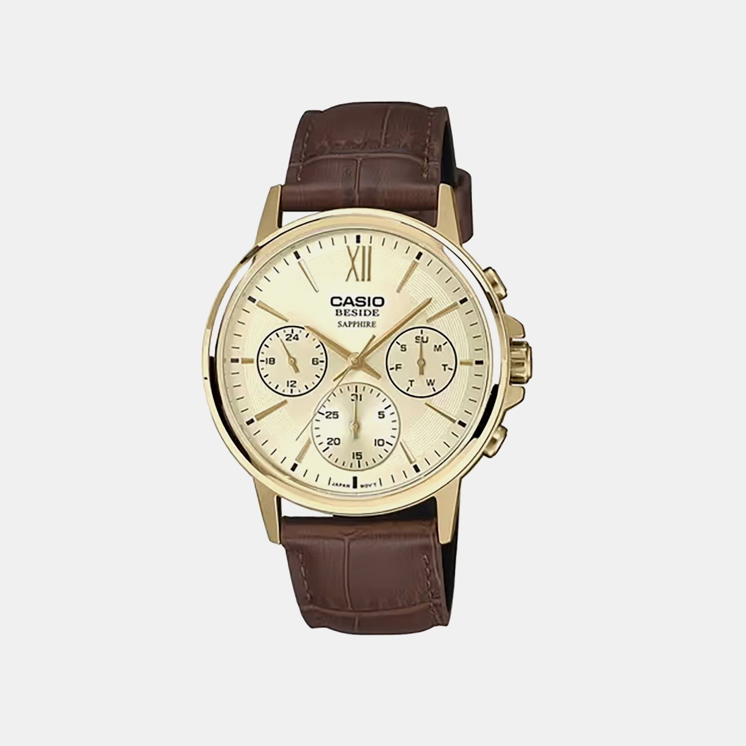 Men Quartz Champagne Dial Analog Leather Watch A2543
