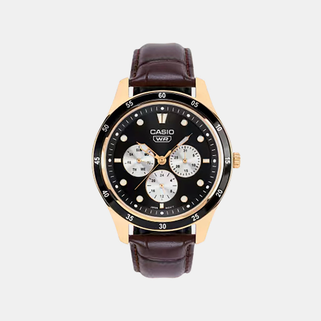 Men Quartz Black Dial Multi-function Leather Watch A2575