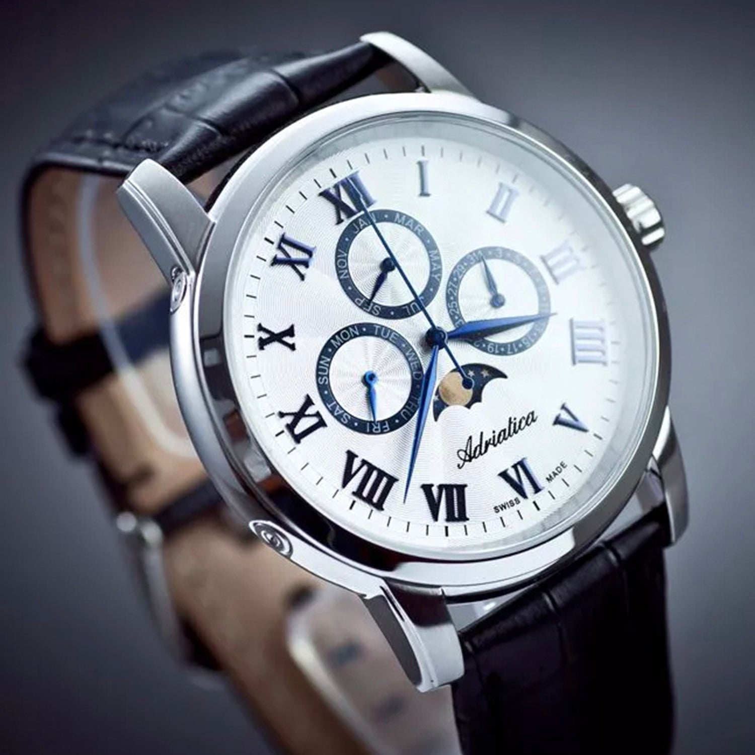 Moonphase for him Men Quartz Silver Dial Analog Leather Watch A8134.52B3QF