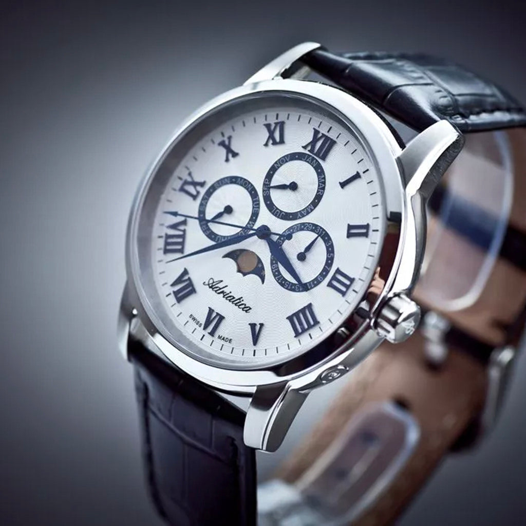 Moonphase for him Men Quartz Silver Dial Analog Leather Watch A8134.52B3QF