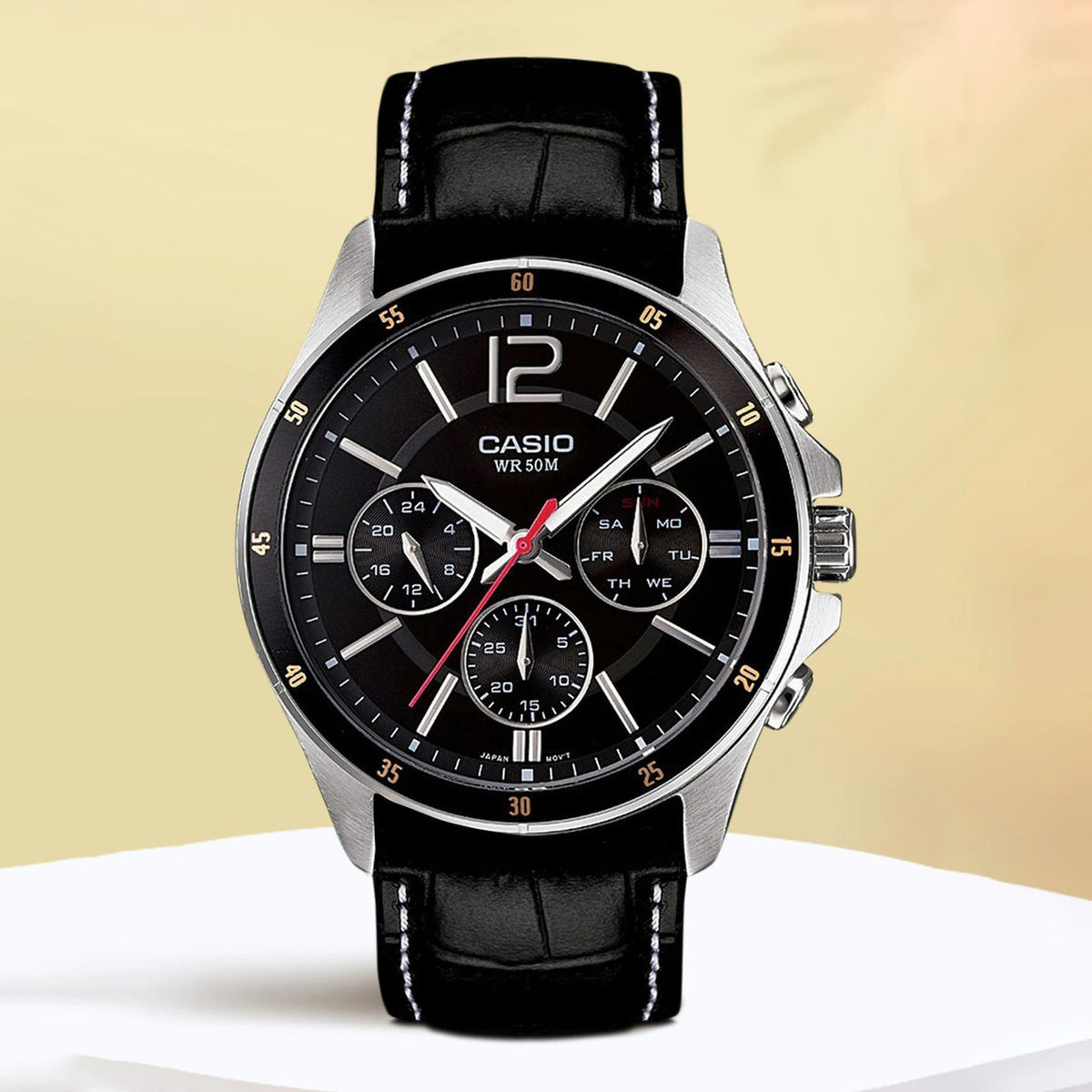 Enticer Men Quartz Black Dial Chronograph Leather Watch A834