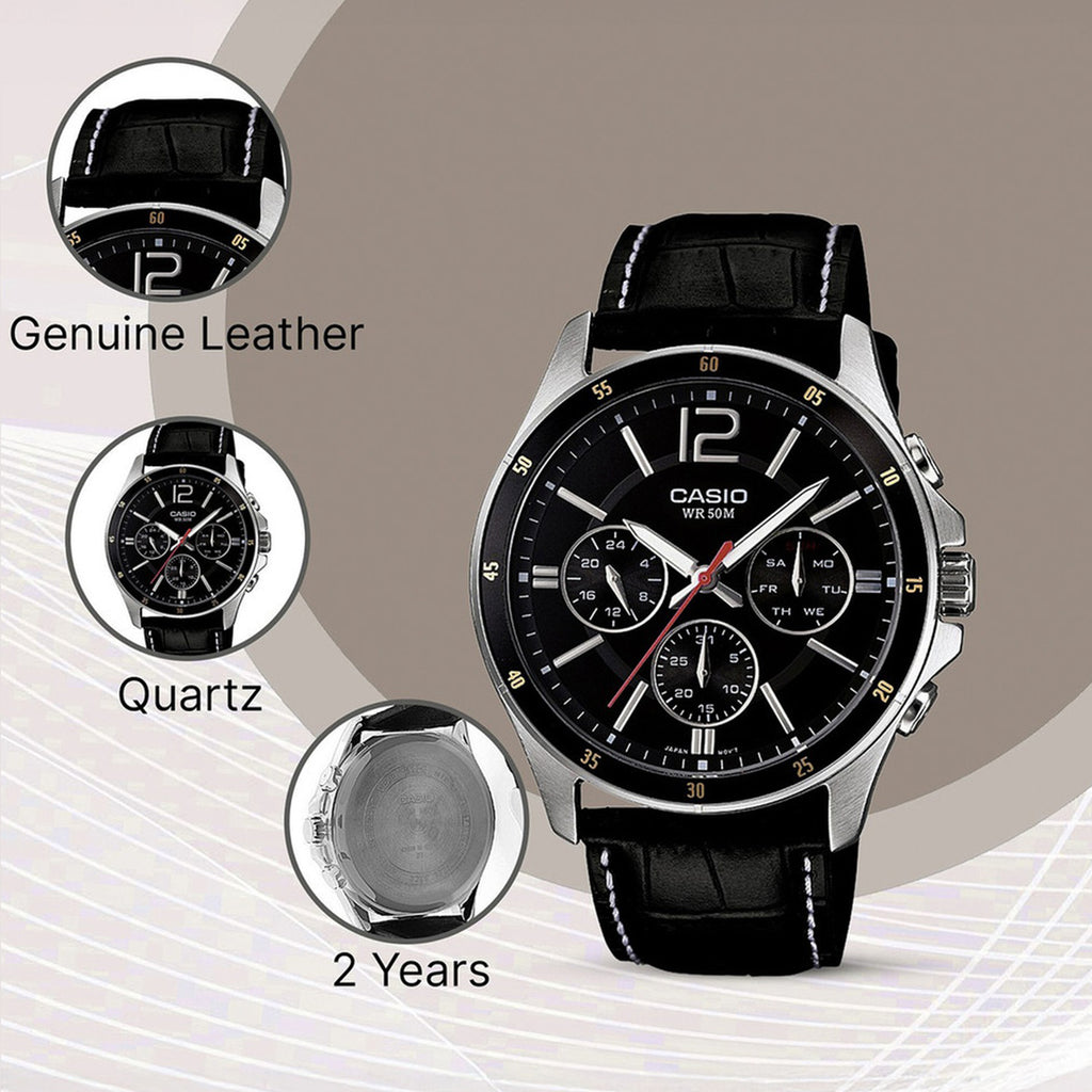 Enticer Men Quartz Black Dial Chronograph Leather Watch A834