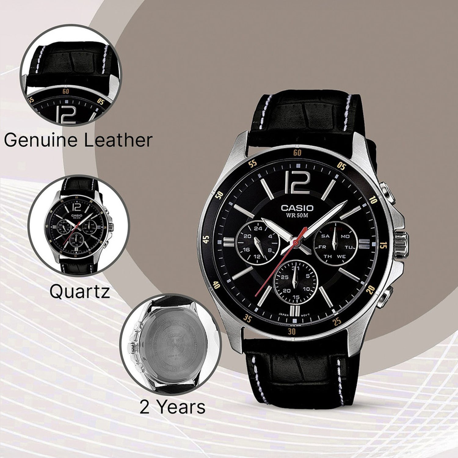 Enticer Men Quartz Black Dial Chronograph Leather Watch A834