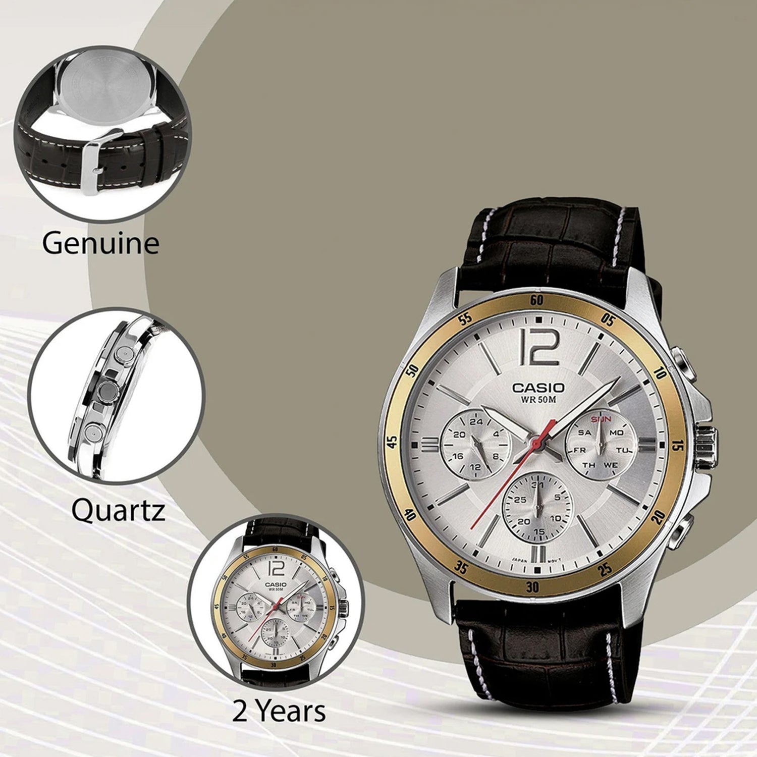 Enticer Men Quartz Silver Dial Chronograph Leather Watch A835