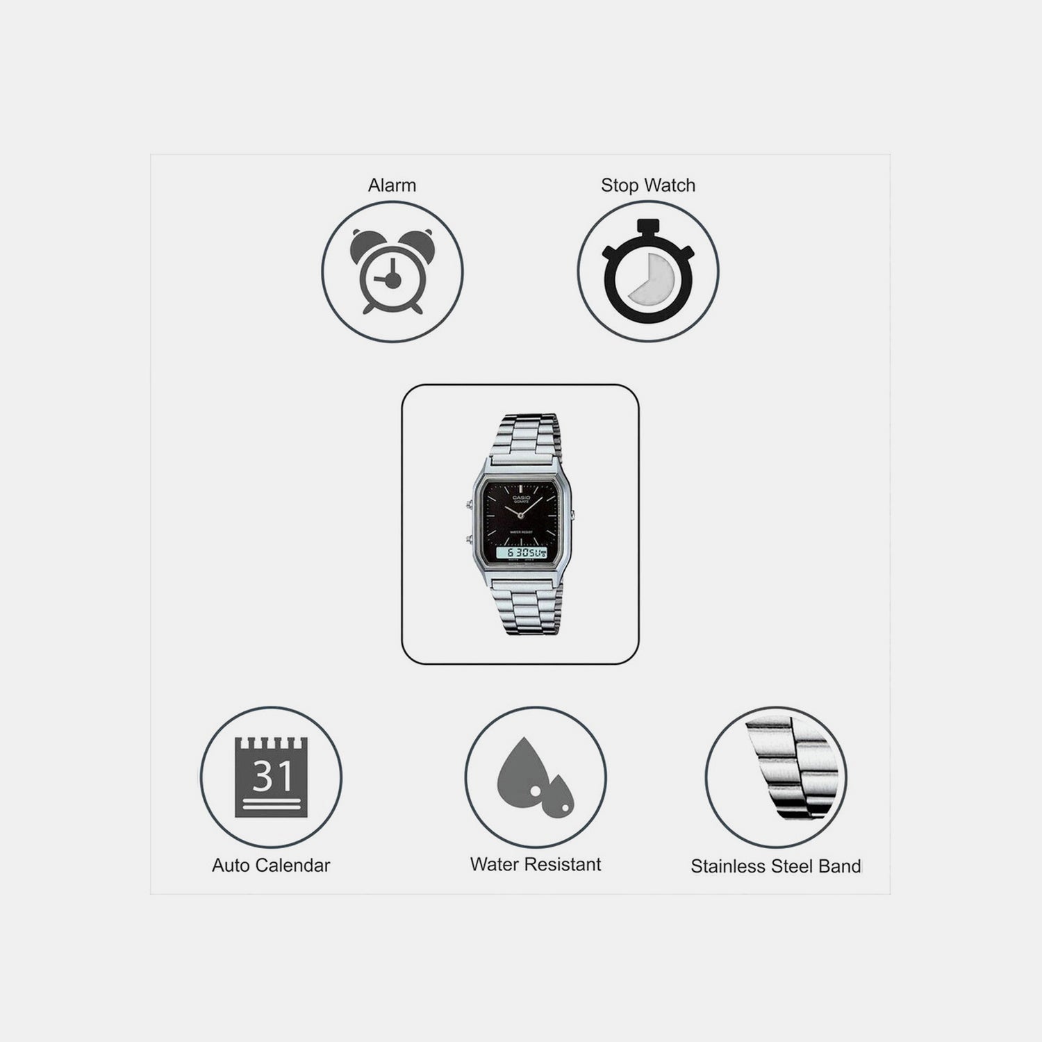 Vintage Unisex Quartz Black Dial Analog-Digital Stainless Steel Watch AD01