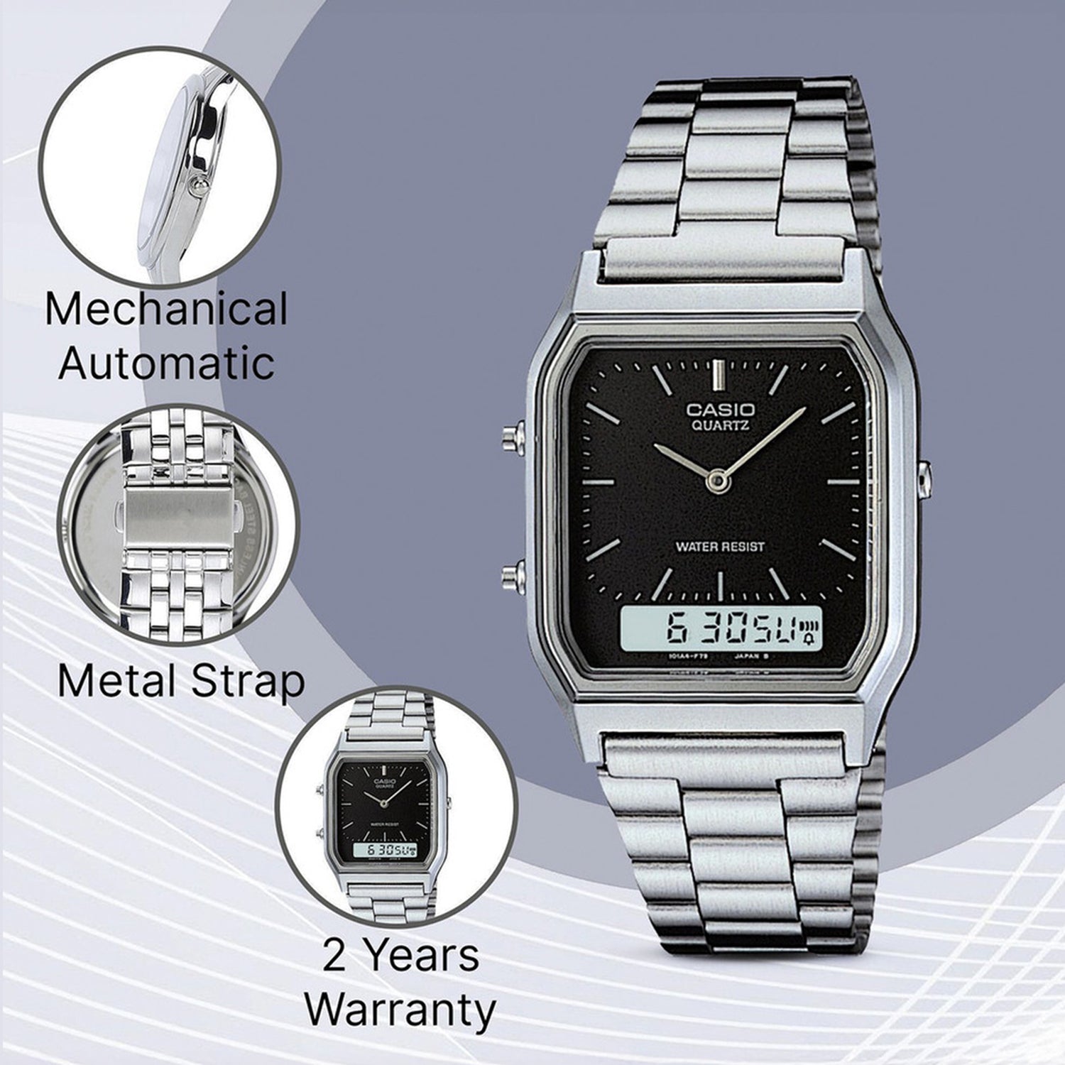 Vintage Unisex Quartz Black Dial Analog-Digital Stainless Steel Watch AD01