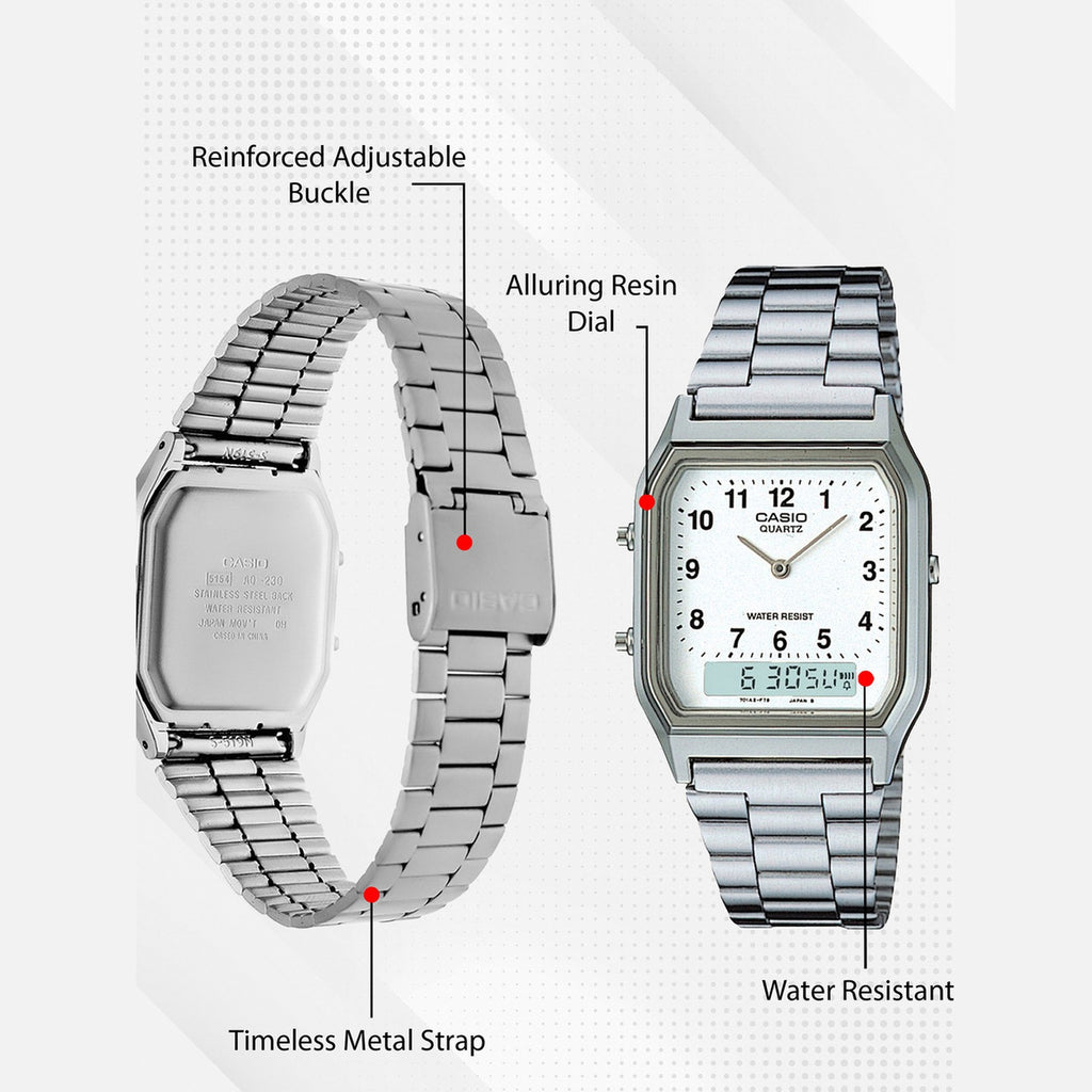 Vintage Unisex Quartz White Dial Analog-Digital Stainless Steel Watch AD02