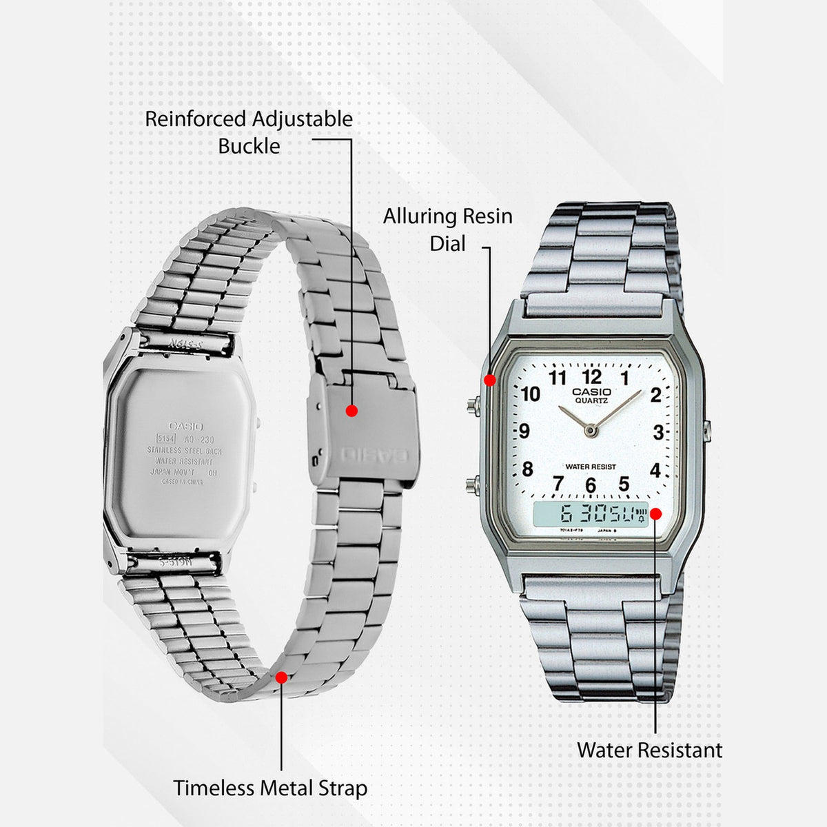 Vintage Unisex Quartz White Dial Analog-Digital Stainless Steel Watch AD02