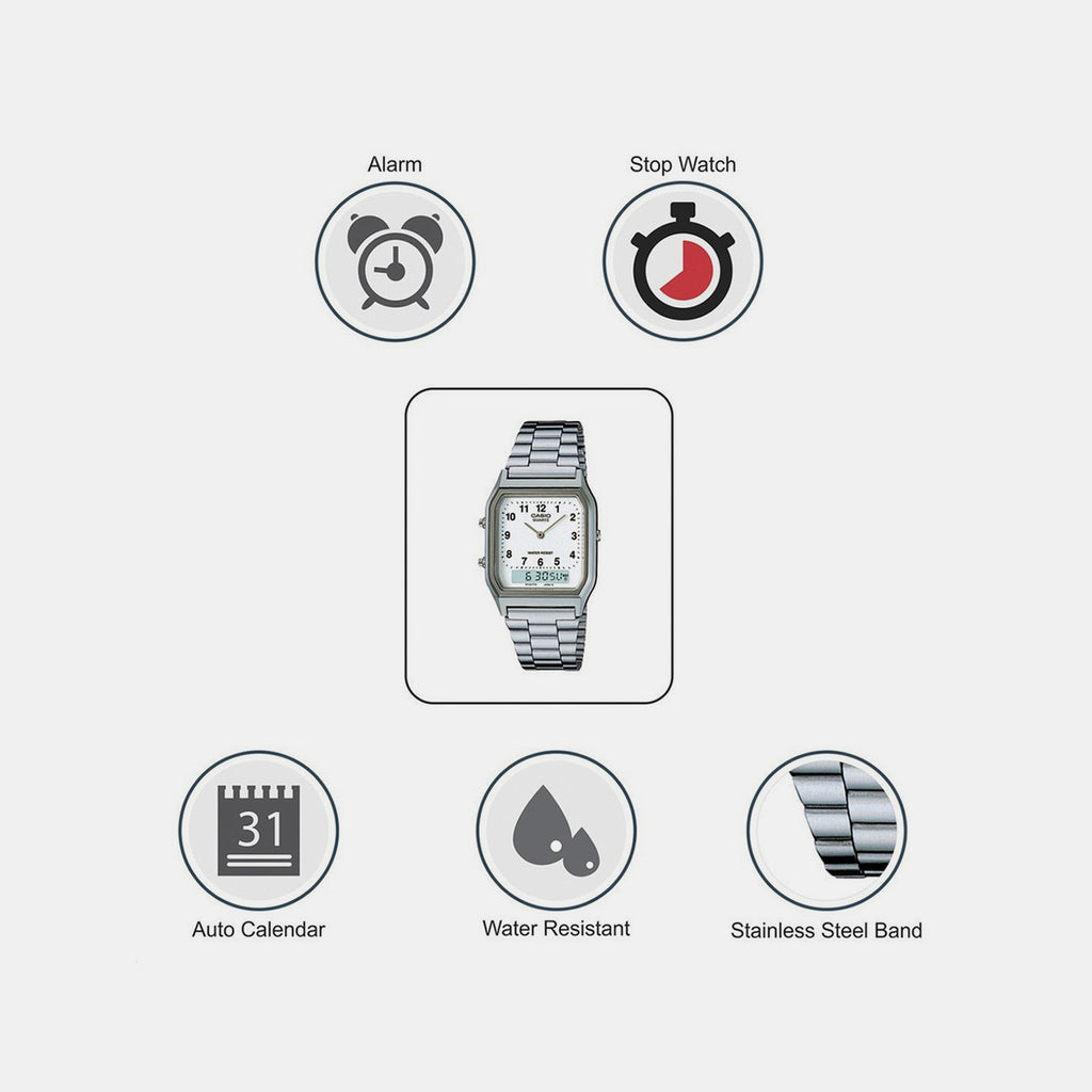Vintage Unisex Quartz White Dial Analog-Digital Stainless Steel Watch AD02