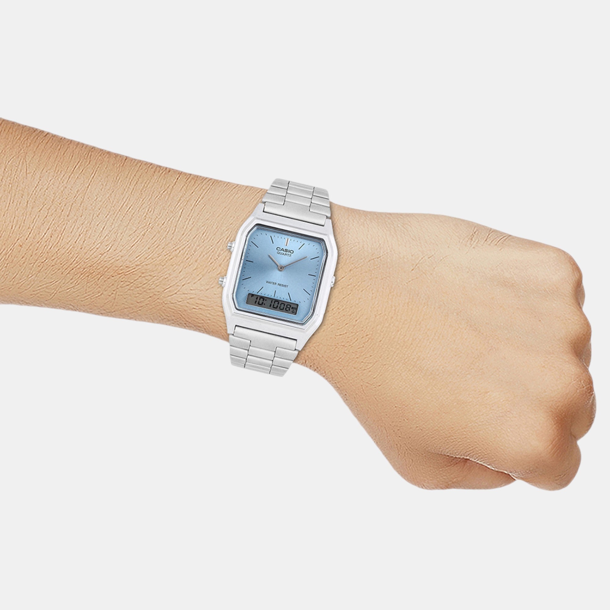 Vintage Unisex Quartz Ice Blue Dial Analog-Digital Stainless Steel Watch AD270