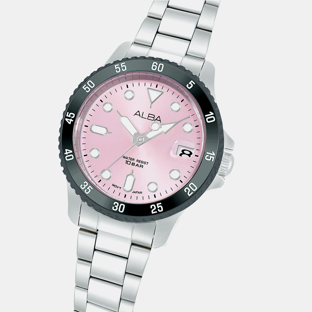 Men Quartz Pink Dial Analog Stainless Steel Watch AG8Q37X1