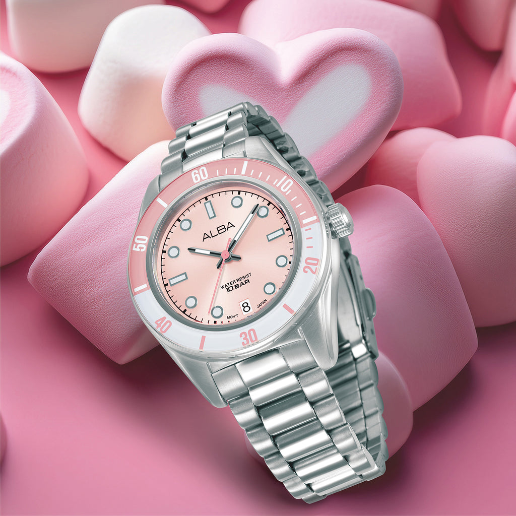 Active Women Quartz Pink Dial Analog Stainless Steel Watch AG8Q71X1