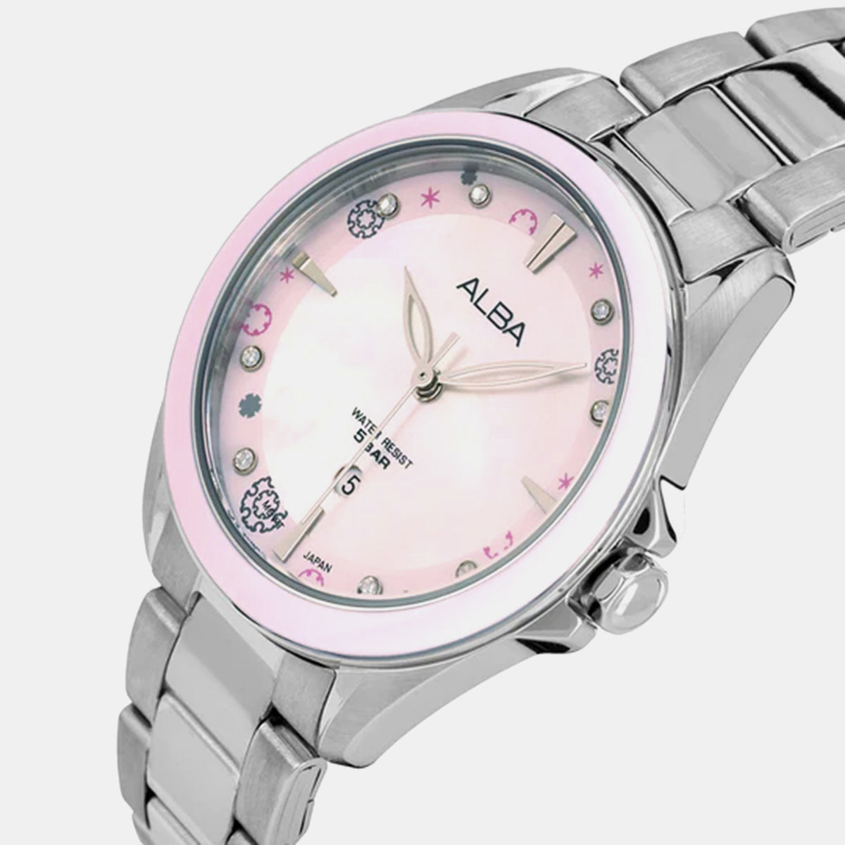 Fashion Women Quartz Pink Dial Analog Stainless Steel Watch AH7DV7X1