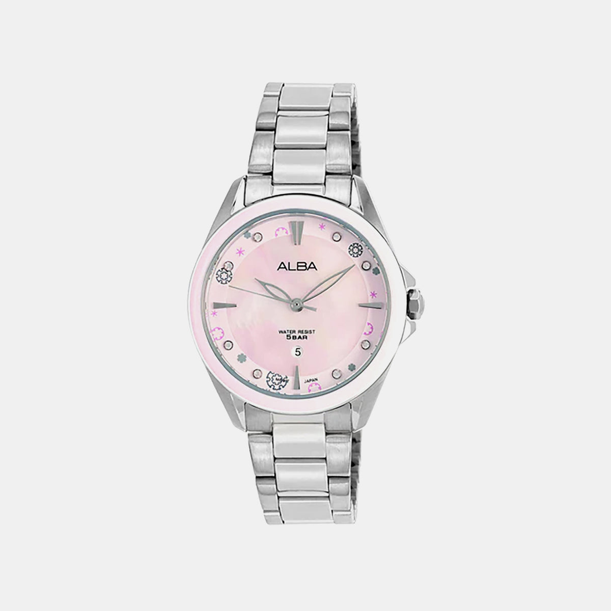 Fashion Women Quartz Pink Dial Analog Stainless Steel Watch AH7DV7X1