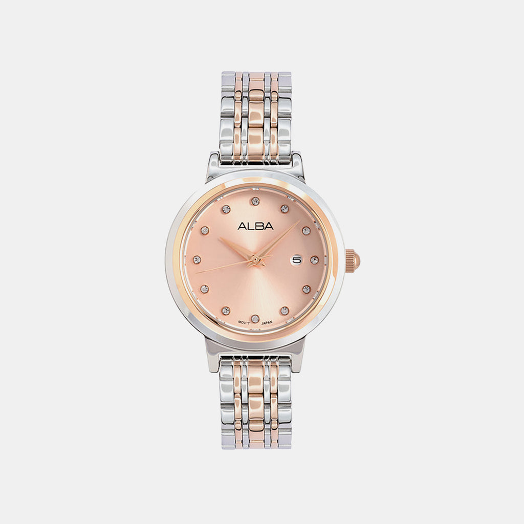 Fashion Women Quartz Peach Dial Analog Stainless Steel Watch AH7EA2X1