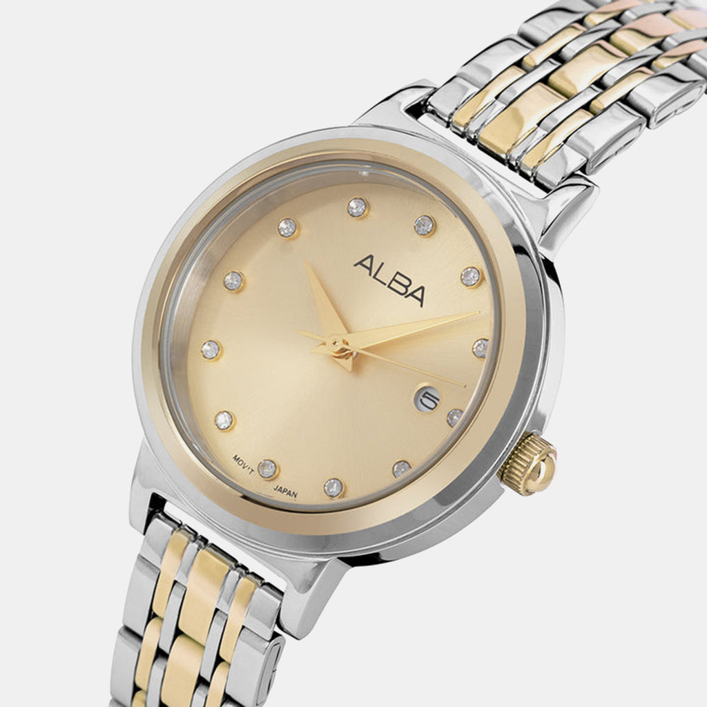 Fashion Women Quartz Champagne Dial Analog Stainless Steel Watch AH7EA4X1