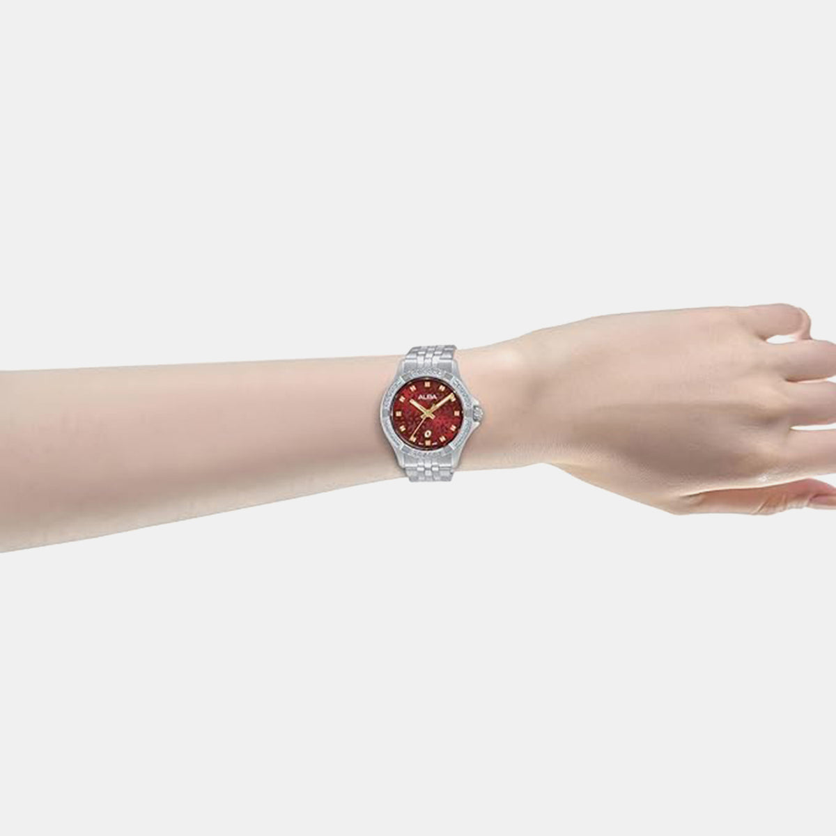 Women Quartz Red Dial Analog Stainless Steel Watch AH7EE1X1