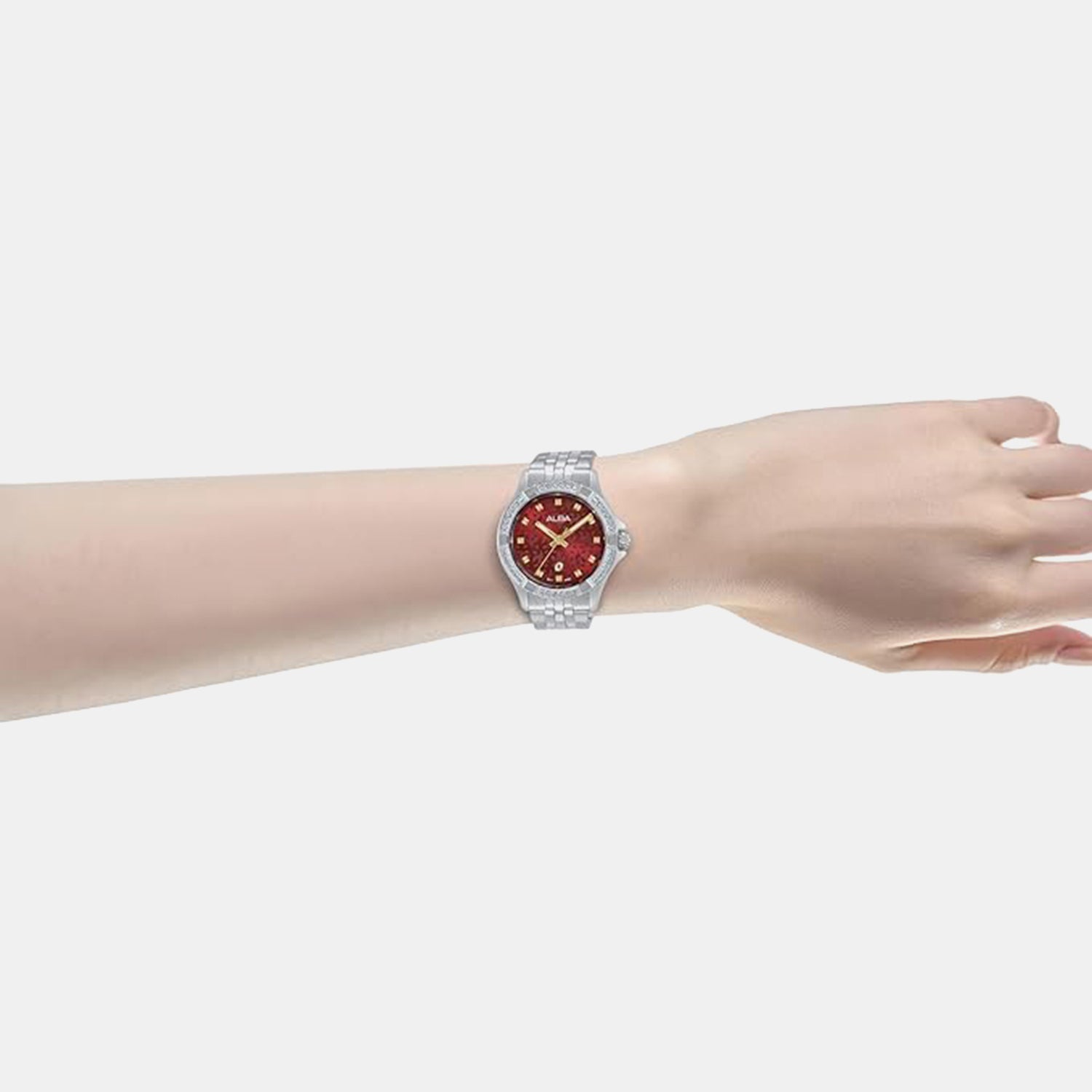 Men Quartz Red Dial Analog Stainless Steel Watch AH7EE1X1