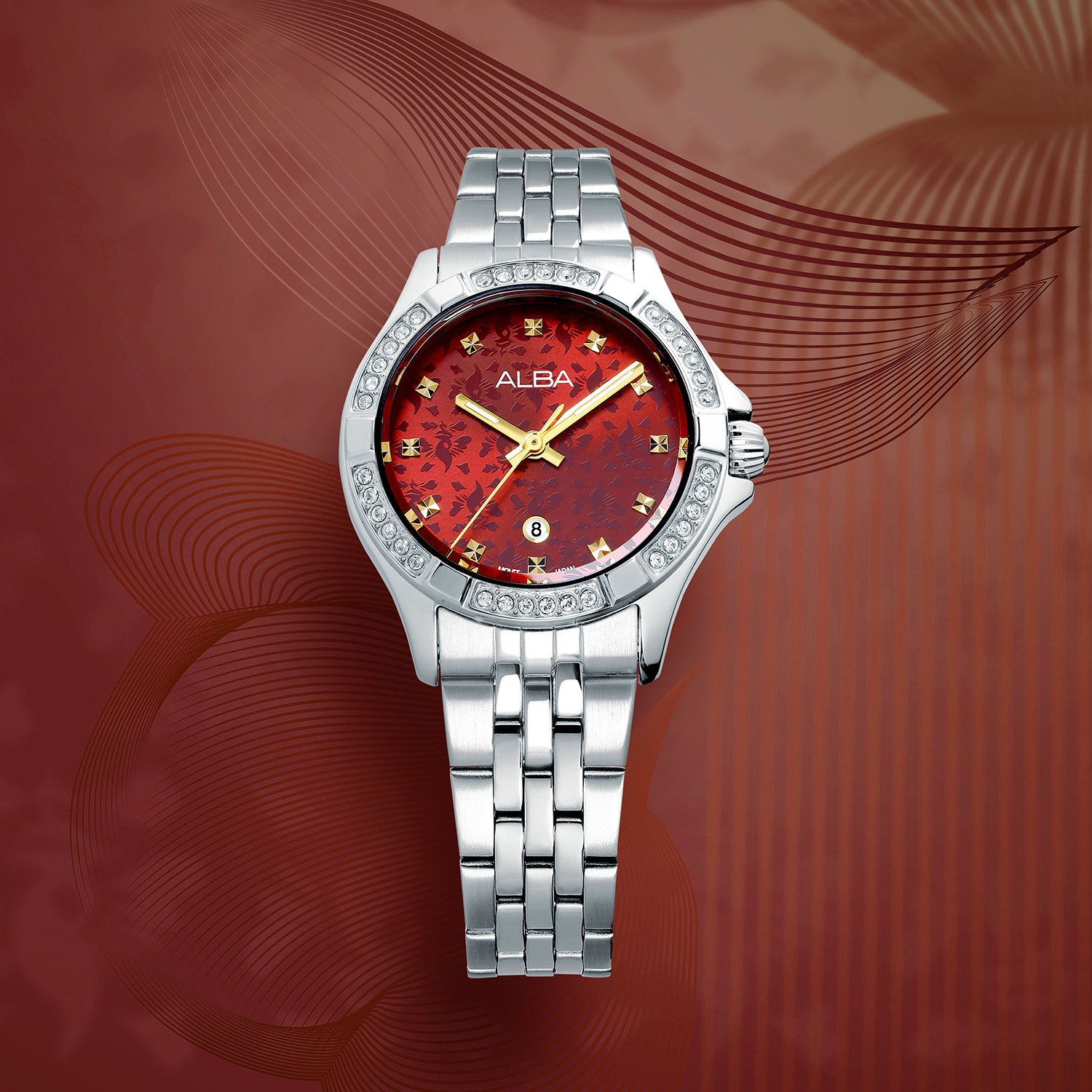 Men Quartz Red Dial Analog Stainless Steel Watch AH7EE1X1