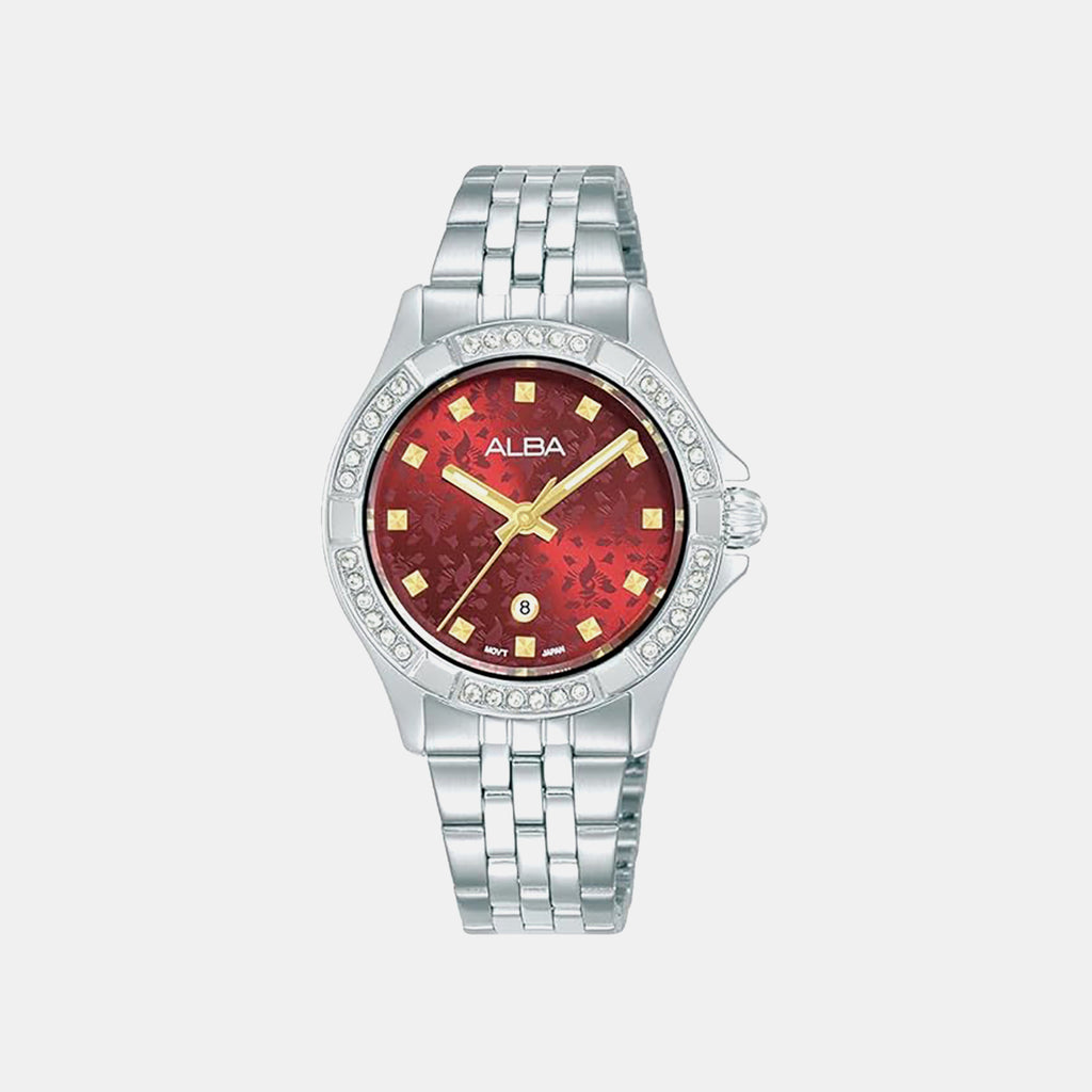 Men Quartz Red Dial Analog Stainless Steel Watch AH7EE1X1