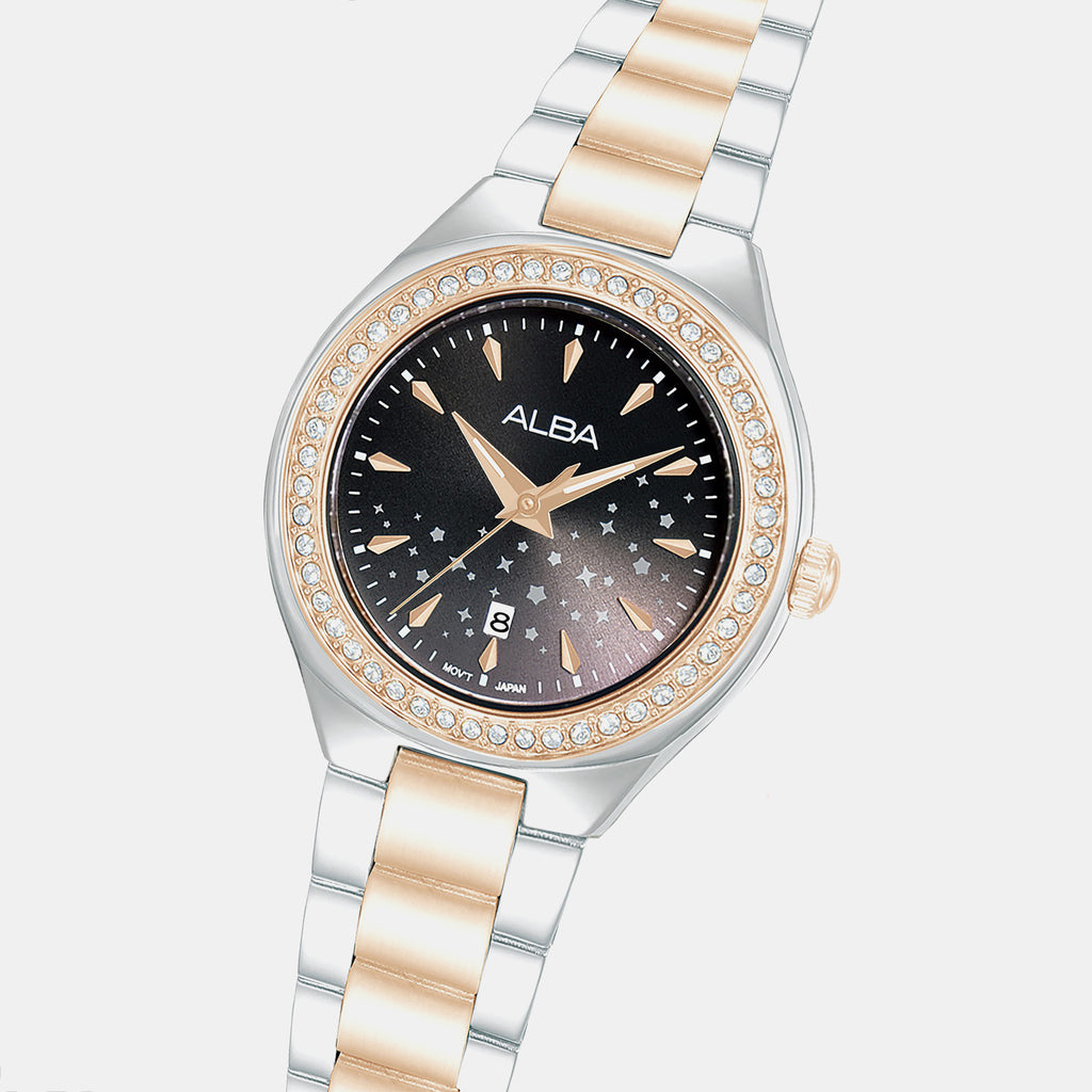 Stardust Elegance Women Quartz Black Dial Analog Stainless Steel Watch AH7ET6X1