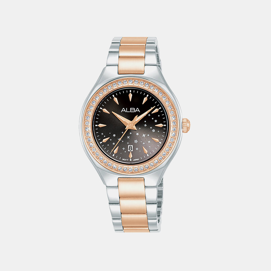 Stardust Elegance Women Quartz Black Dial Analog Stainless Steel Watch AH7ET6X1