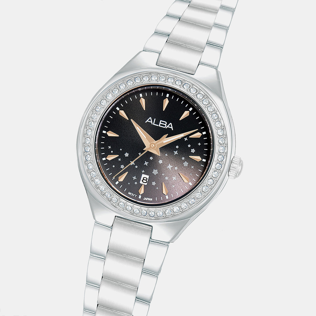 Fashion Women Quartz Black Dial Analog Stainless Steel Watch AH7ET9X1