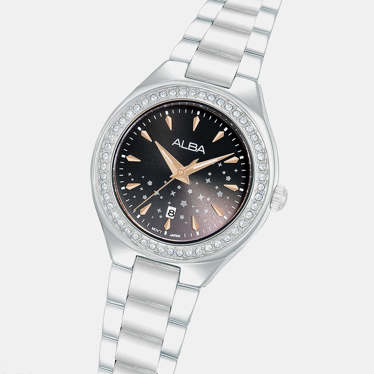 Fashion Women Quartz Black Dial Analog Stainless Steel Watch AH7ET9X1