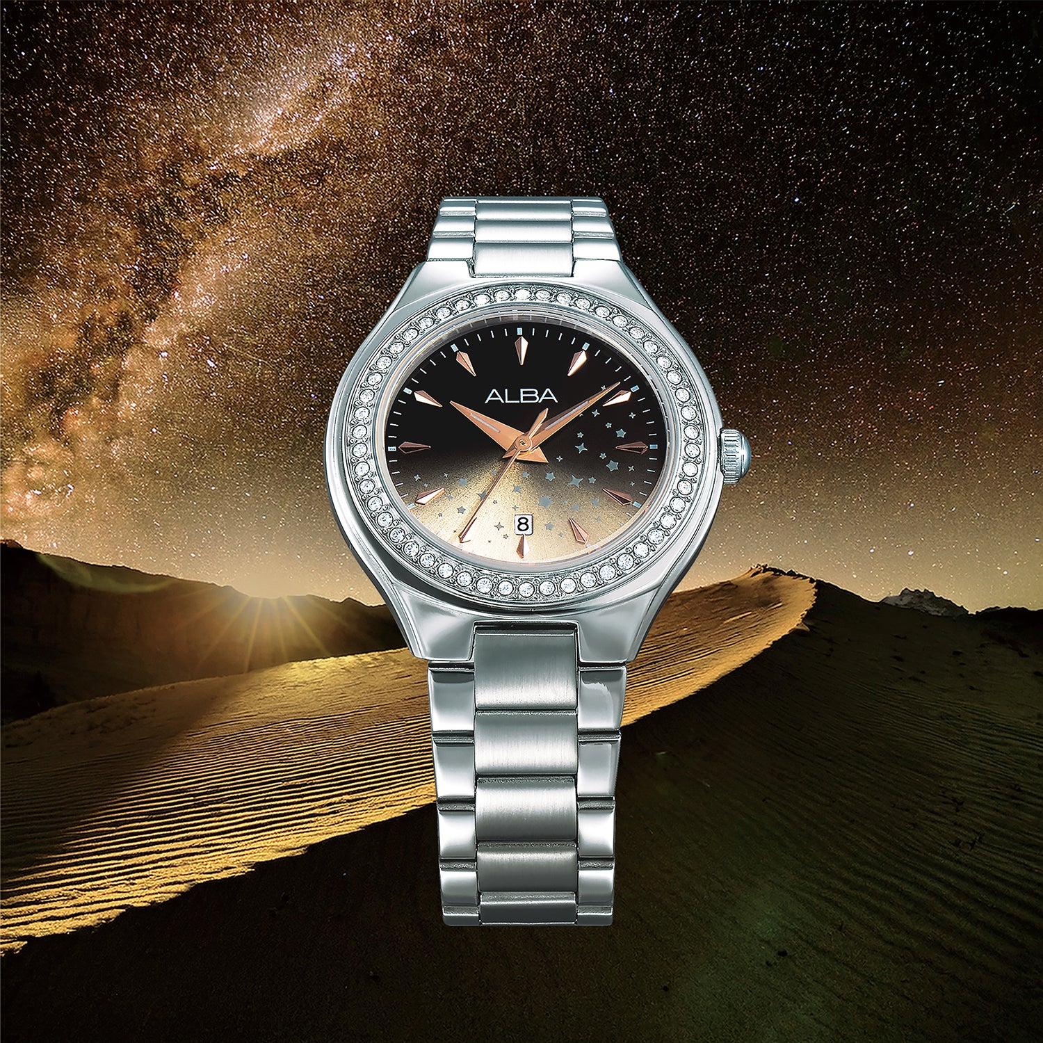 Fashion Women Quartz Black Dial Analog Stainless Steel Watch AH7ET9X1