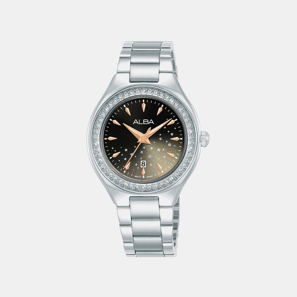 Fashion Women Quartz Black Dial Analog Stainless Steel Watch AH7ET9X1