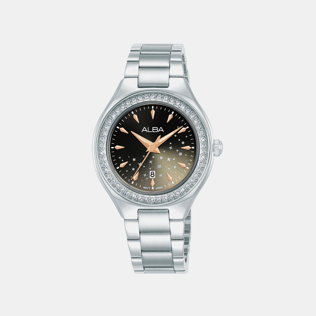 Fashion Women Quartz Black Dial Analog Stainless Steel Watch AH7ET9X1