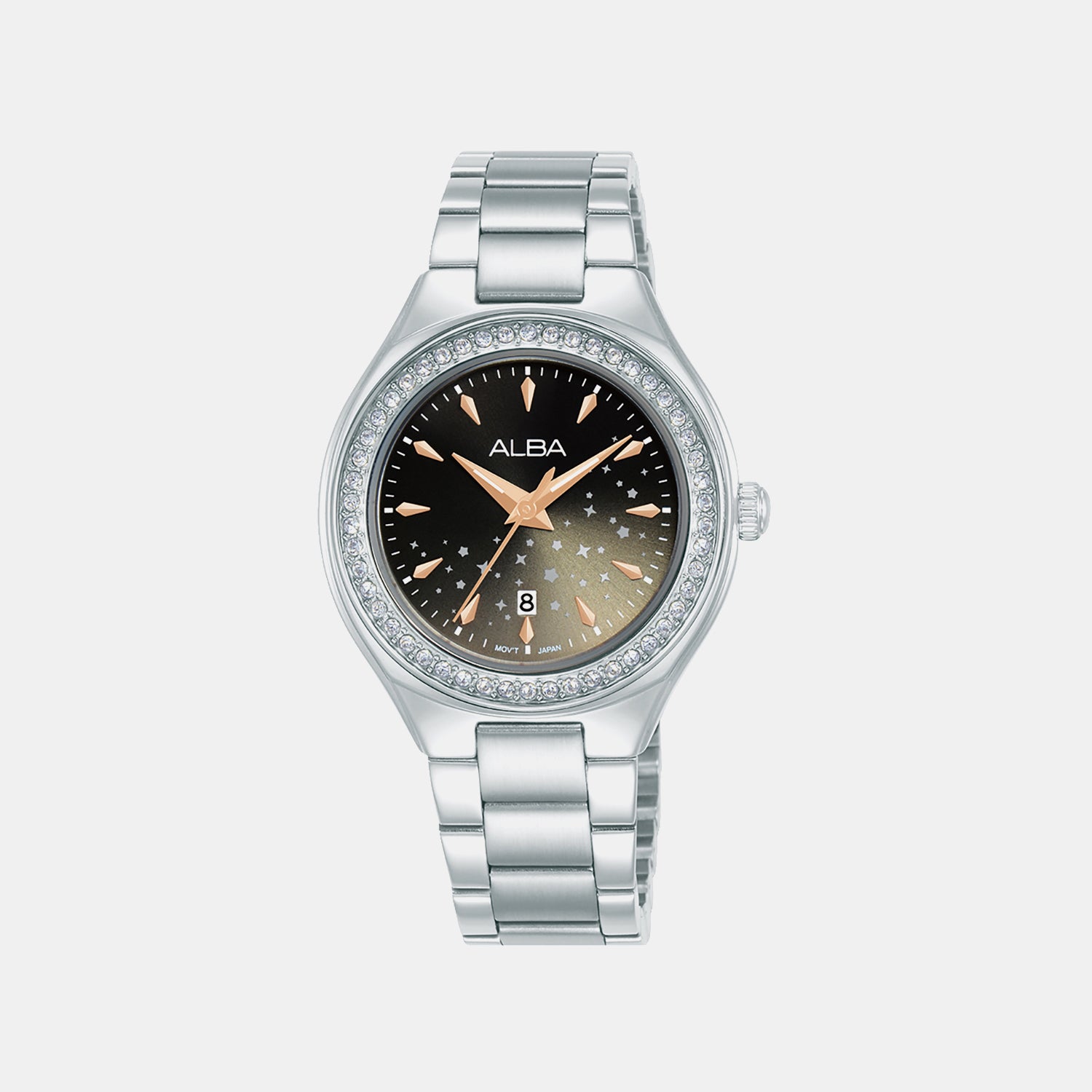 Fashion Women Quartz Black Dial Analog Stainless Steel Watch AH7ET9X1