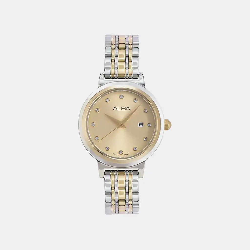 Women Quartz Champagne Dial Analog Stainless Steel Watch AH7EX4X1