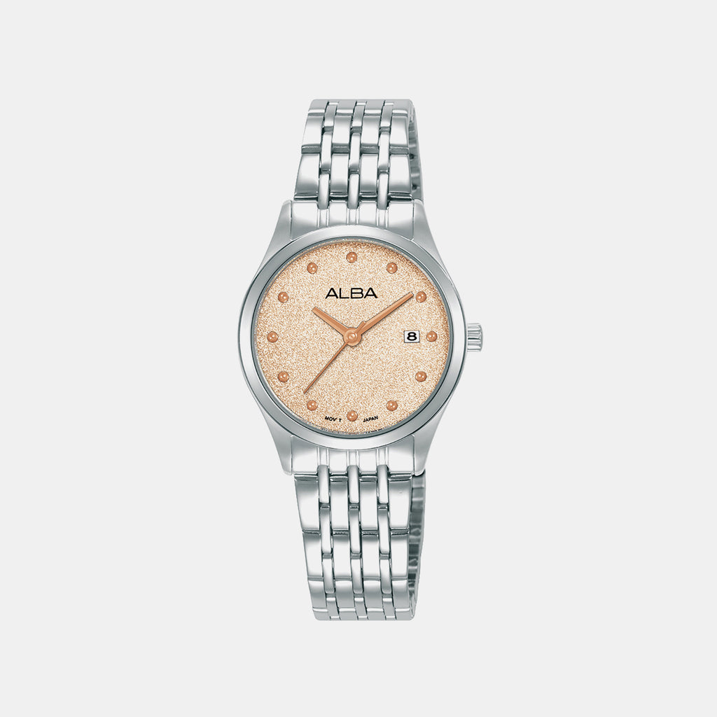Fashion Women Quartz Champagne Dial Analog Stainless Steel Watch AH7EY9X1