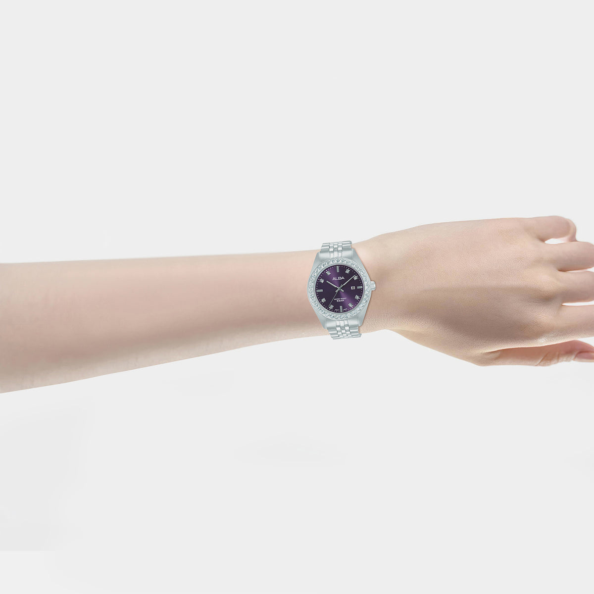 Fashion Women Quartz Purple Dial Analog Stainless Steel Watch AH7FE3X1