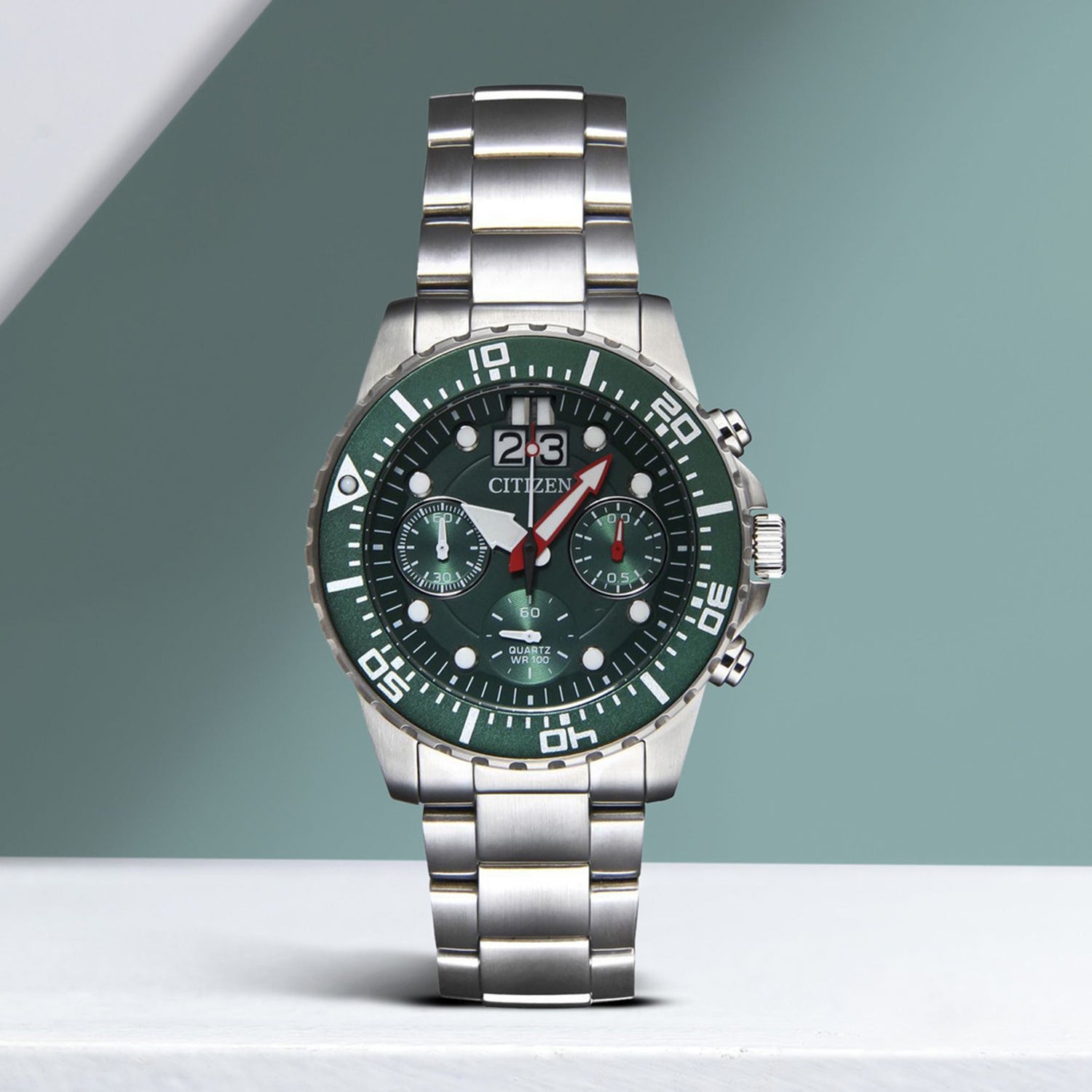 Men Quartz Green Dial Chronograph Stainless Steel Watch AI7009-89X