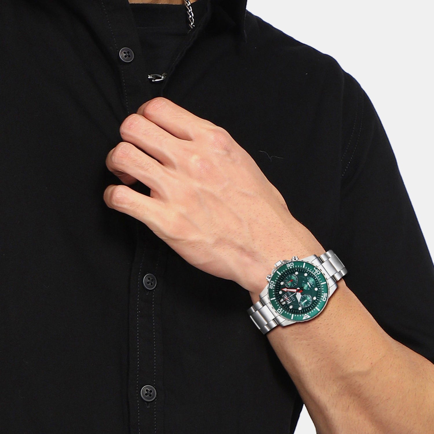 Men Quartz Green Dial Chronograph Stainless Steel Watch AI7009-89X