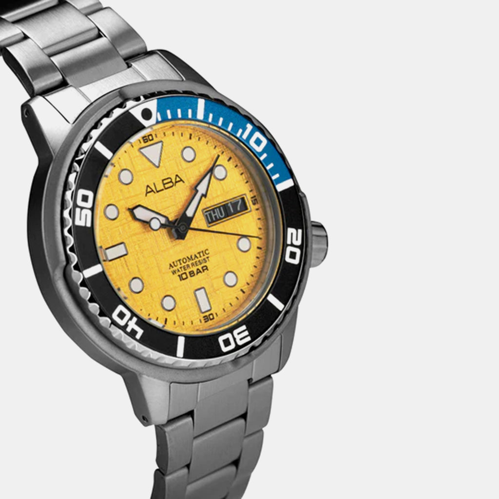Men Automatic Yellow Dial Analog Stainless Steel Watch AL4773X2