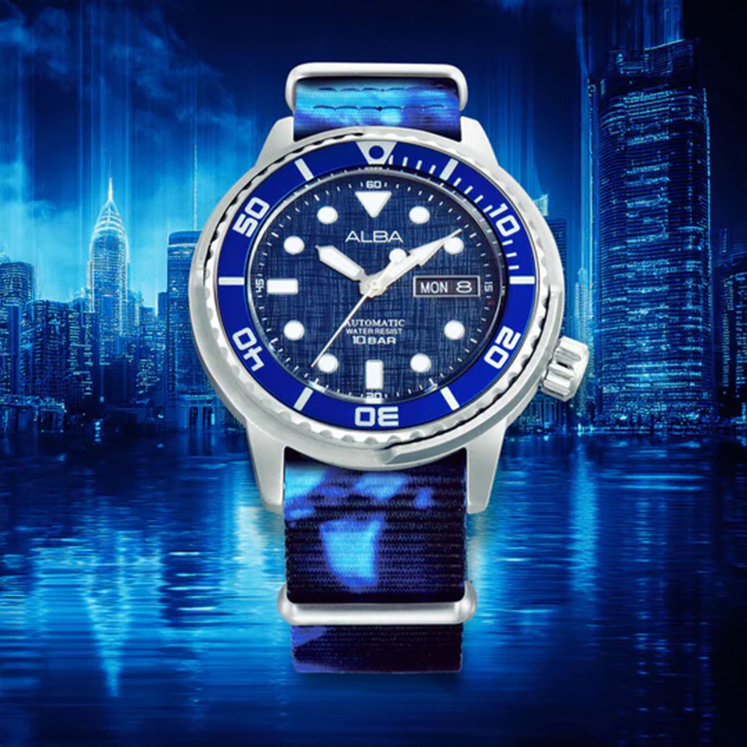 Men Automatic Blue Dial Analog Stainless Steel Watch AL4779X2