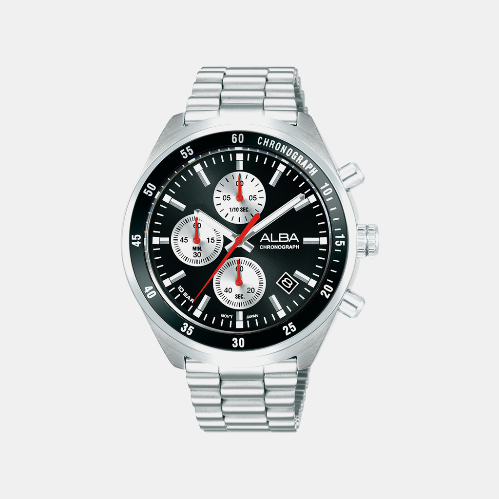 Men Quartz Black Dial Chronograph Stainless Steel Watch AM3A33X1