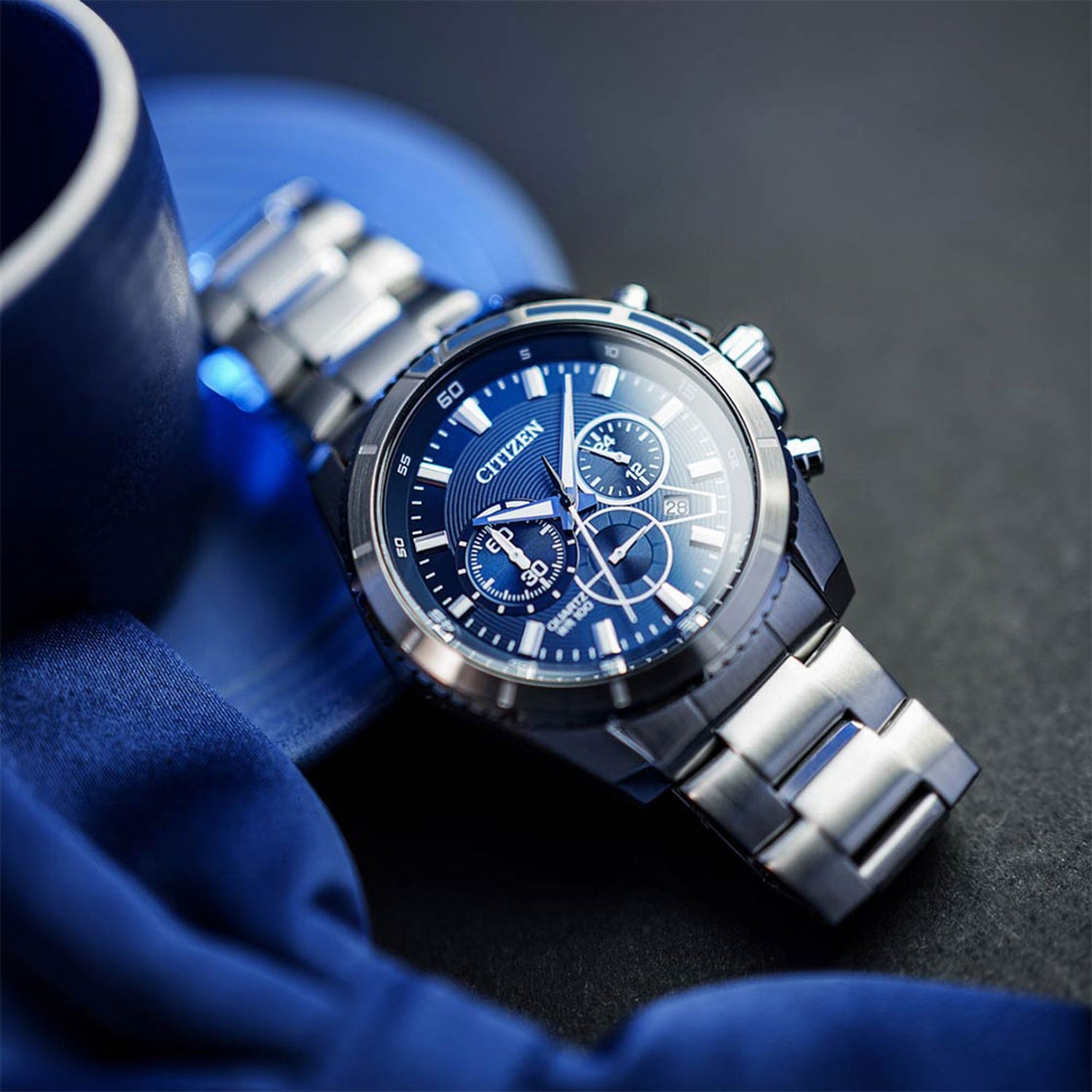Men Quartz Blue Dial Chronograph Stainless Steel Watch AN8201-57L
