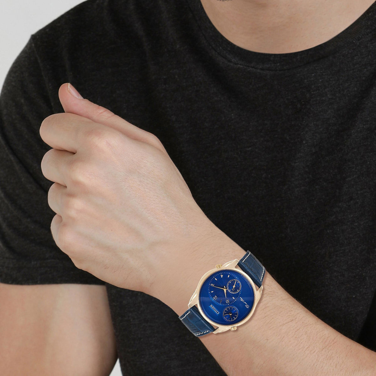 Dual Time Men Quartz Blue Dial Chronograph Leather Watch AO3033-00L