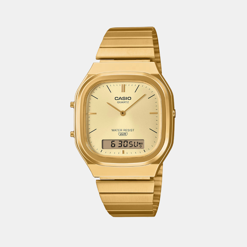 Vintage Unisex Quartz Gold Dial Analog-Digital Stainless Steel Watch D421