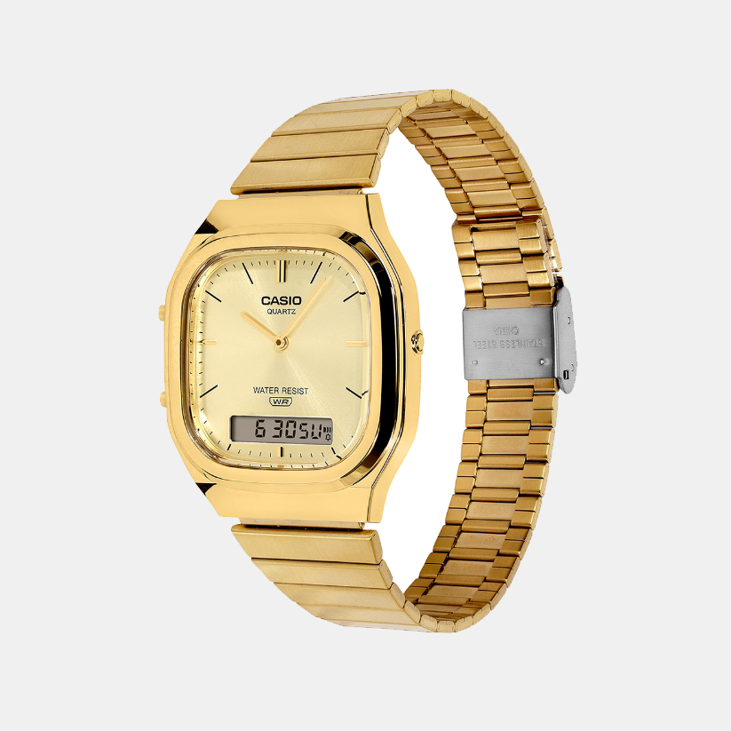 Vintage Unisex Quartz Gold Dial Analog-Digital Stainless Steel Watch D421