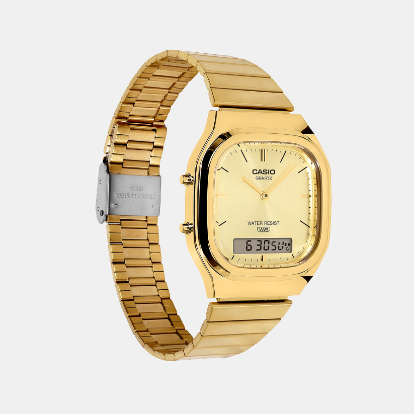 Vintage Unisex Quartz Gold Dial Analog-Digital Stainless Steel Watch D421