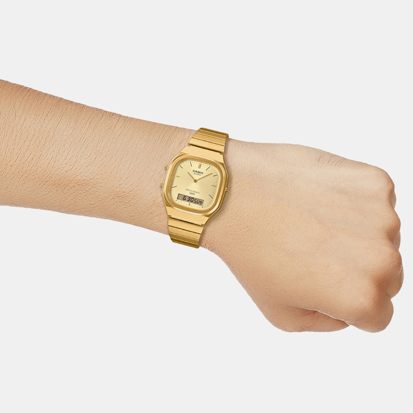 Vintage Unisex Quartz Gold Dial Analog-Digital Stainless Steel Watch D421