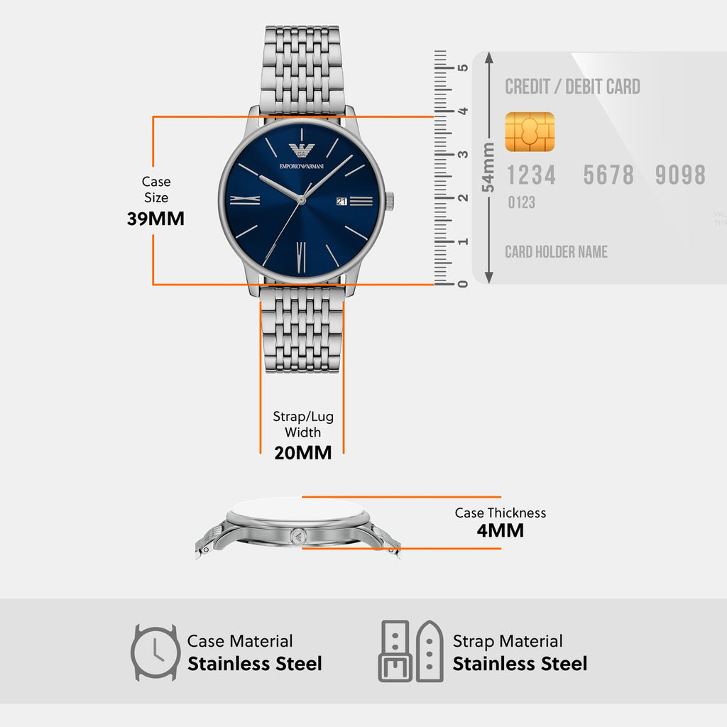 Men Quartz Blue Dial Analog Stainless Steel Watch AR11674