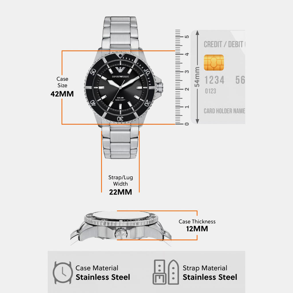 Men Solar Black Dial Analog Stainless Steel Watch AR11787