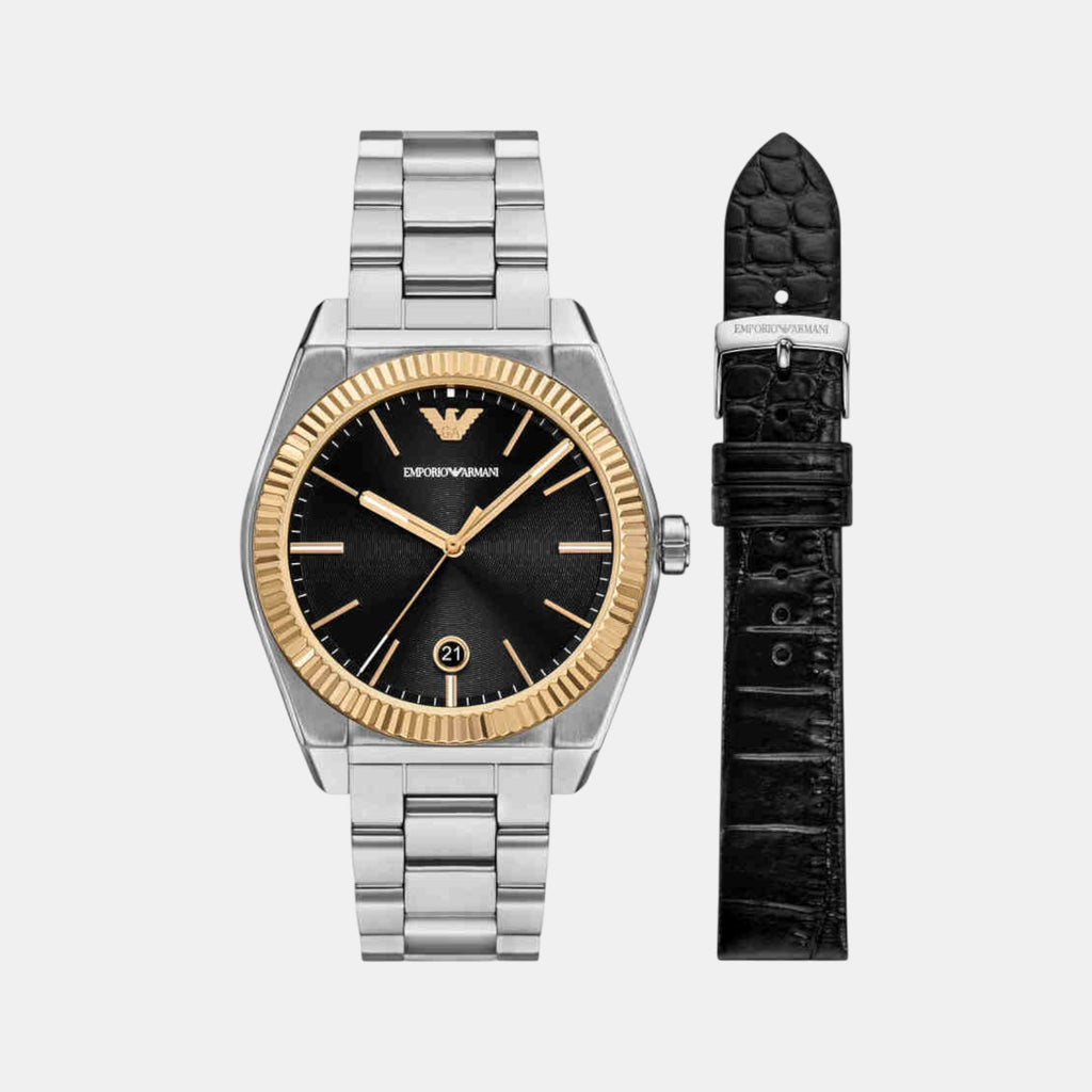 Men Quartz Black Dial Analog Stainless Steel Watch AR80077SET