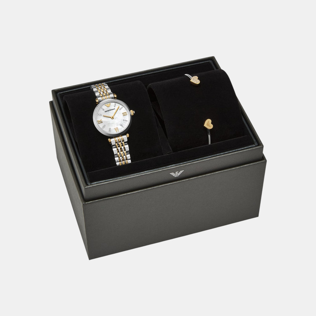 Women Quartz White Mother Of Pearl Dial Analog Stainless Steel Watch AR80078SET